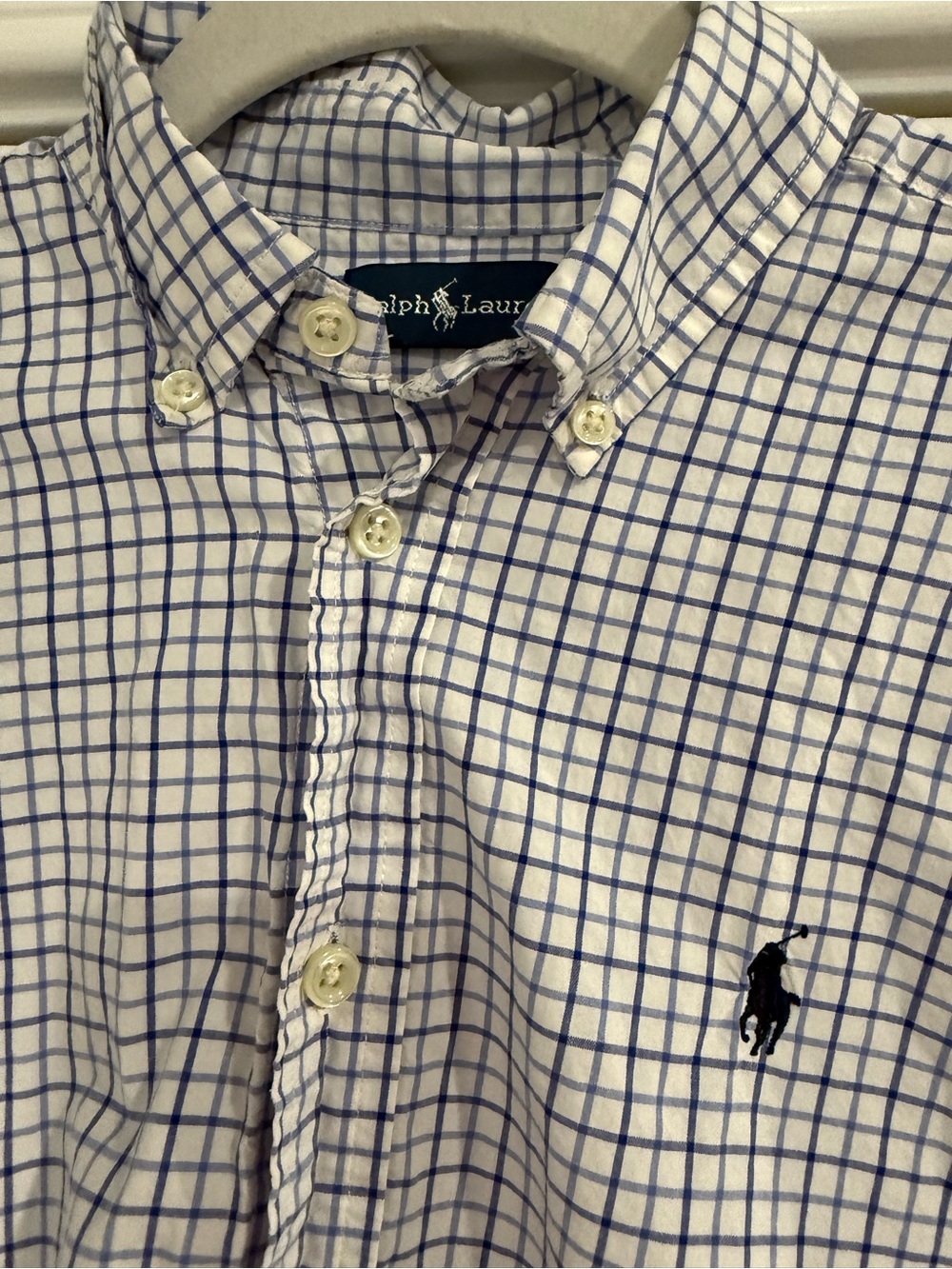 Ralph Lauren White Button-Down Shirt with Blue Windowpane Check